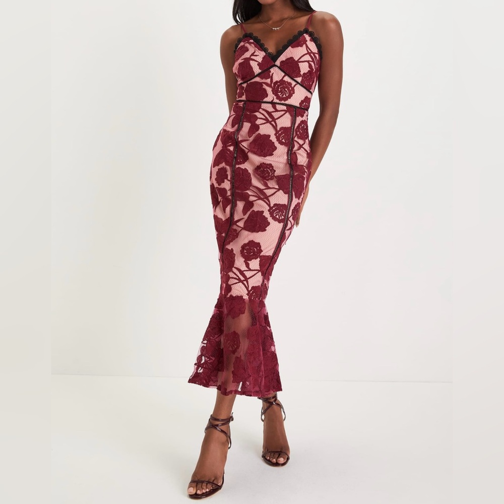 Lulu's Alluring Dream Burgundy Floral Mesh Lace Trumpet Midi Dress